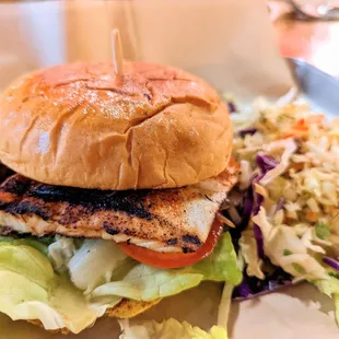 Cajun sandwich on soft Hawaiian bun with seasurf cole slaw