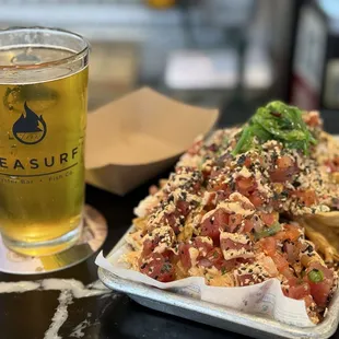 Poke Nachos and a cold beer for the win!
