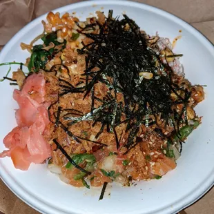 Large poke bowl with multi-scoops of fish