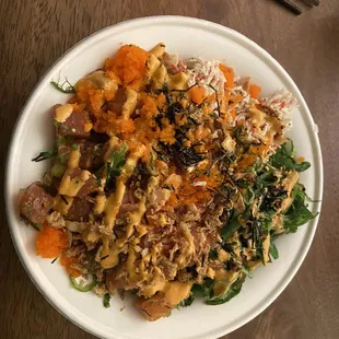 Ahí &amp; Salmon. Sides of seaweed salad and krab salad.