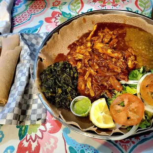 This is a Ethiopian Combination Dish w Injera. Yummy