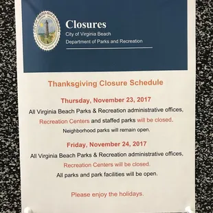 Thanksgiving holiday schedule