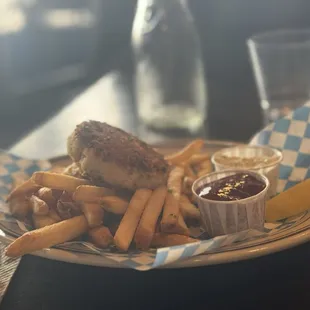 Dungenous crab cake and chips