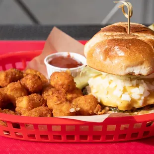 Cheeseburger with tater tots at Seatown in Pike Place near Downtown Seattle