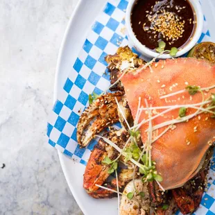 Roasted Dungeness crab at Seatown in Pike Place near Downtown Seattle