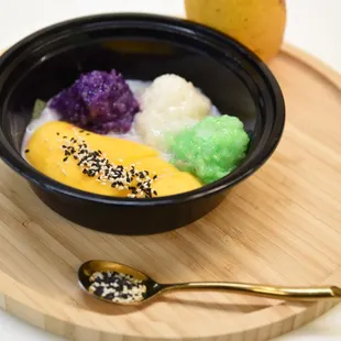 Ube, Panda, Coconut Mango Sticky Rice