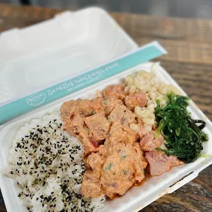 spicy ahi tuna, avocado tuna with white rice, seaweed salad, mac salad