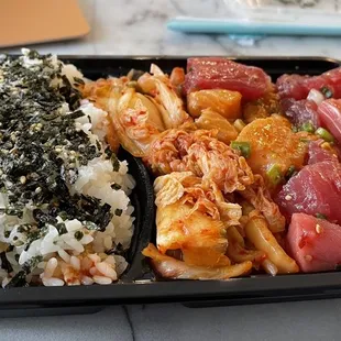 Shoyu Tuna and Salmon Poke Bowl with Kimchi and White Rice