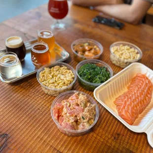 Mac Salad, Spicy Salmon Poke, Avocado Tuna Poke, Salmon Sashimi, Seaweed Salad @ Optimism!