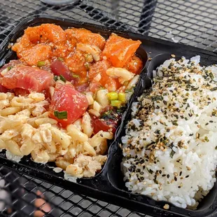 Shoyu ahi and spicy salmon poke bowl w/ mac salad