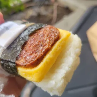 Spam shaped Portuguese sausage musubi