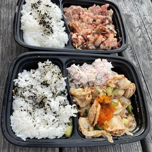 Scallops poke bowl with crab salad and avocado tuna with squid salad