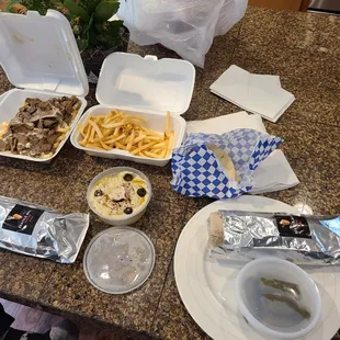 gyro fries, fries, baba ganoush and gyros