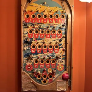 Very old pinball in bathroom.