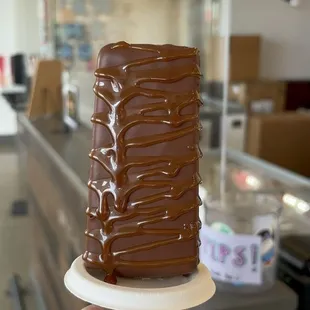 a hand holding a chocolate cake