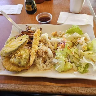 Salad, vegetables, and teriyaki chicken