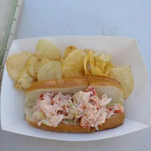 Delicious Lobster roll with homemade chips.