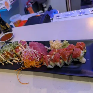 Tuna Cowboy and 2 fish roll with Tuna &amp; Escolar with spicy tuna topping