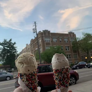 Dairy free almond ice cream with chocolate sprinkle cones
