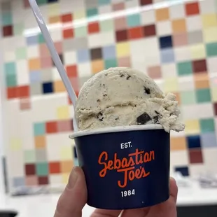 a hand holding a cup of ice cream