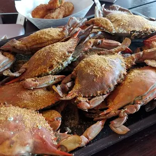 a tray of crabs on a table