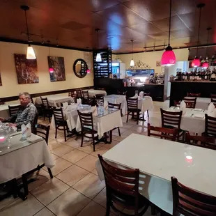 Inside the quiet side of the restaurant without the live music