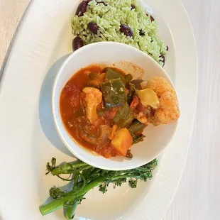 Family Style Sides- Broccolini, vegetable curry, rice and beans