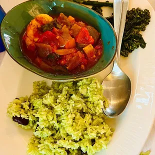 Vegan Cilantro Rice &amp; Beans, Vegetable Stew, Broccolini