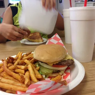 Buster burger with spicy fries and banana shake! Yum!!!