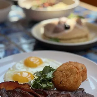 bacon, eggs, and hash browns