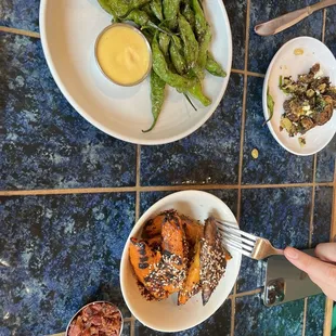 Shishito peppers and grilled sweet potatoes