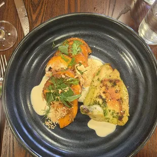 Roasted sweet potatoes and chicken breast.