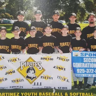 baseball team posing with banner