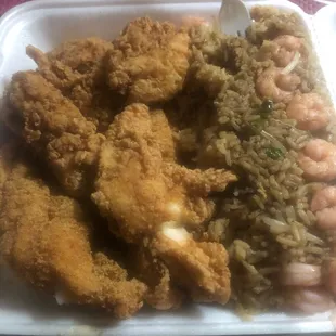 Catfish and chicken strips with shrimp fried rice