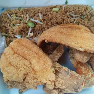 Fried catfish, chicken wings and fried rice