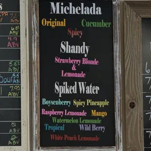 Michelada, Shandy, Spiked Water Menu