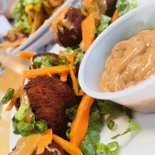 Crispy Asian Chicken Meatballs w/ peanut sauce