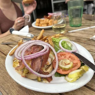 Green chile bacon cheese burger with an IPA