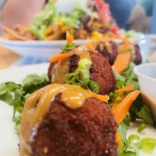 Crispy Asian Chicken Meatballs w/ peanut sauce