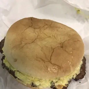 Cheese burger with mustard, slaw and onions!!!! Delicious!!!