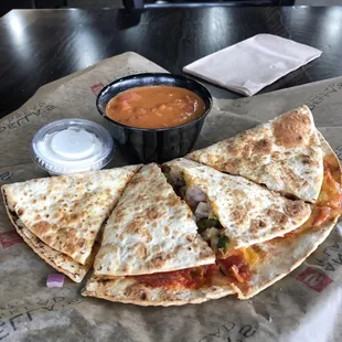 Chicken fajita quesadilla and tomato bisque