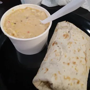 Chicken burrito and shrimp bisque soup