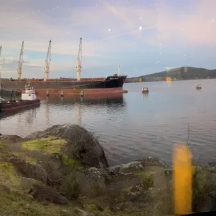 a view of a ship docked in a harbor