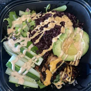 Salmond Spicy Salmon Rice bowl with lettuce and wild rice