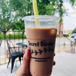 Iced rose latte with crystal boba