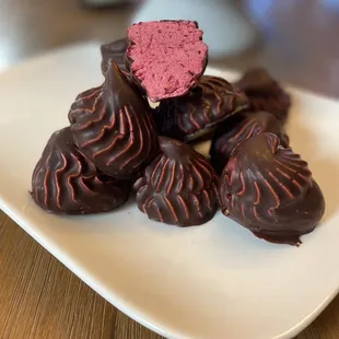 Chocolate covered black currant zephyrs
