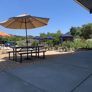 picnic tables and umbrellas