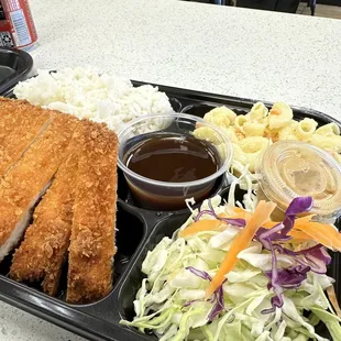 Combo Plate: White Rice, Chicken Katsu, Mac Salad, Katsu Sauce, Cabbage Salad with dressing.