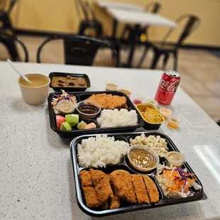 Chicken Katsu, Pork Katsu, Miso Soup, Cheese Corn, and Beef Stew.