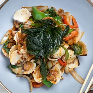 Phad-hoi-rai (Central Region) Stir-fried clam with chilies paste, bell pepper, basil, and onions in Thai stir-fry sauce.